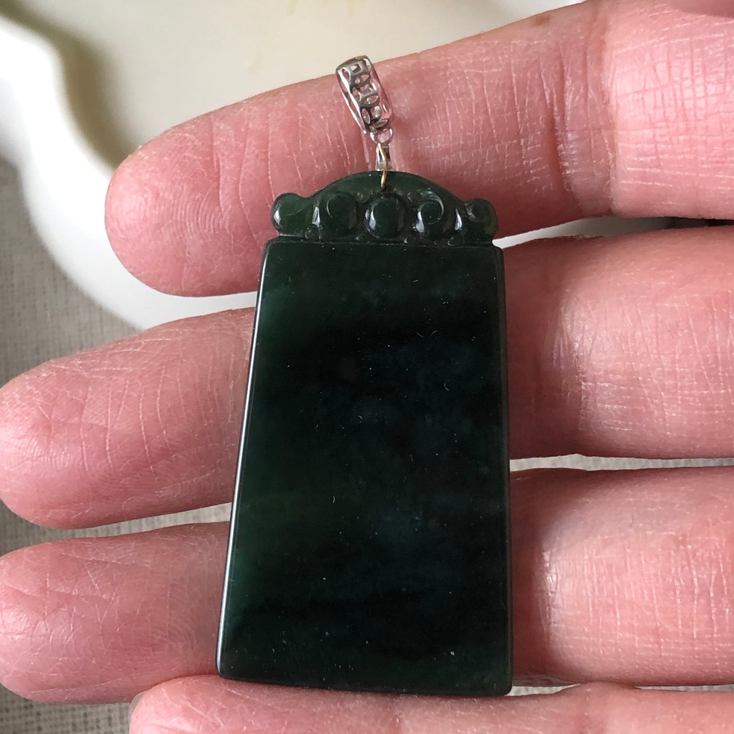 SALE 40.3 mm Grade A  Icy Dark Green Carved Jadeite Jade Plaque with 18K white gold bail