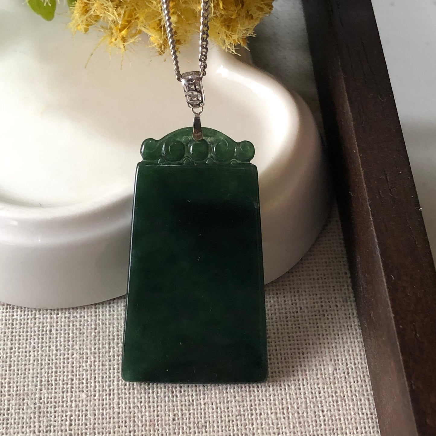 SALE 40.3 mm Grade A  Icy Dark Green Carved Jadeite Jade Plaque with 18K white gold bail