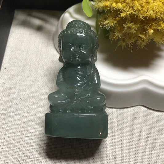 SALE: 59.1mm Certified Myanmar Grade A Jadeite Green Carved Baby Praying Buddha Keychain or Pendant Display Figurine
