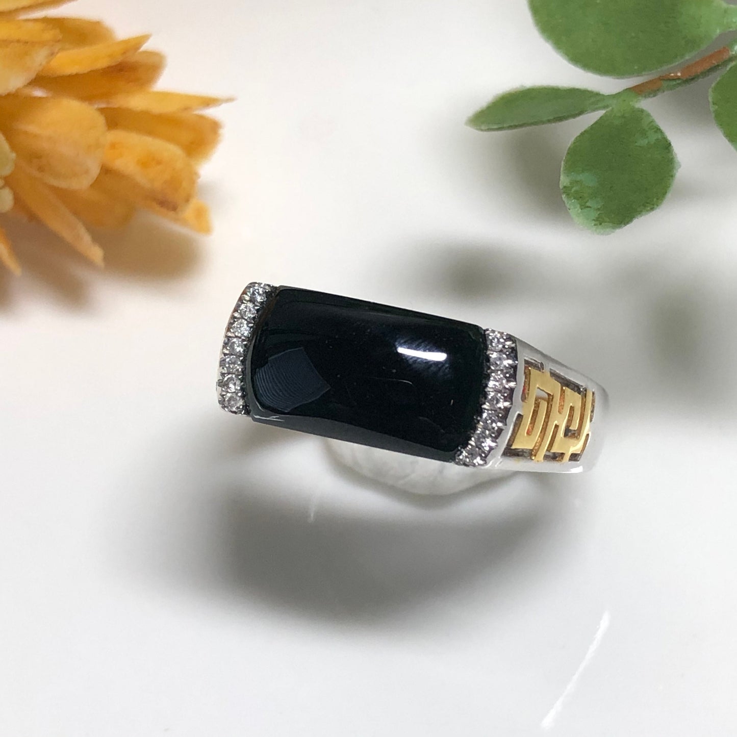 NEW Certified Grade A Omphacite Black Green Jadeite Jade Ring 18K White Gold