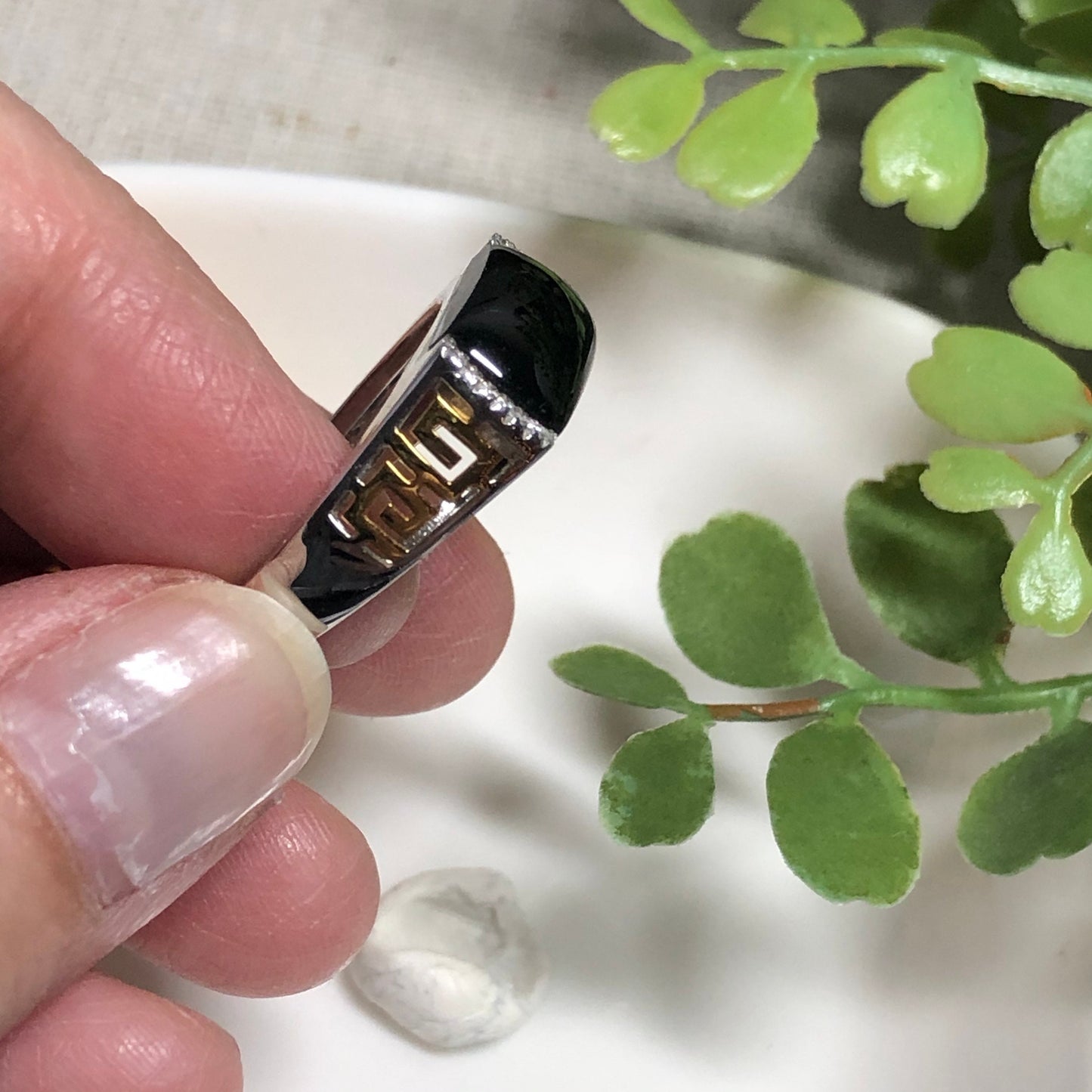 NEW Certified Grade A Omphacite Black Green Jadeite Jade Ring 18K White Gold