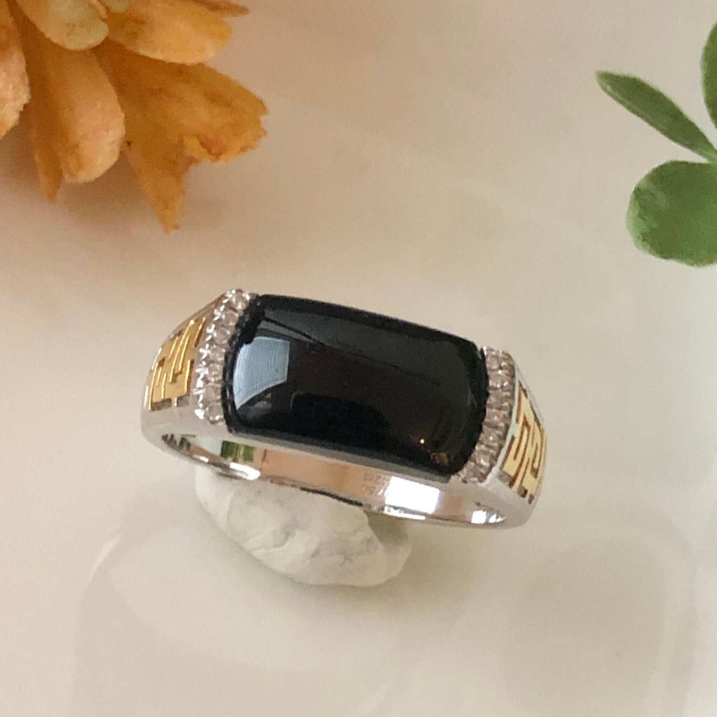 NEW Certified Grade A Omphacite Black Green Jadeite Jade Ring 18K White Gold