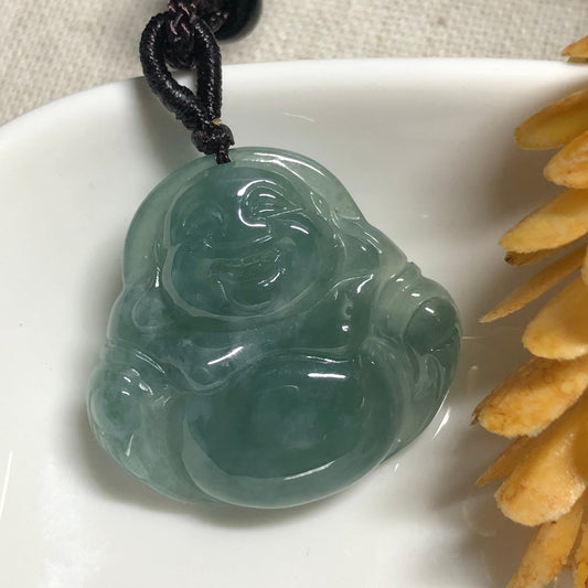24.9 mm Grade A Jadeite Jade Carved Icy Earthy Green Buddha Pendant Keychain