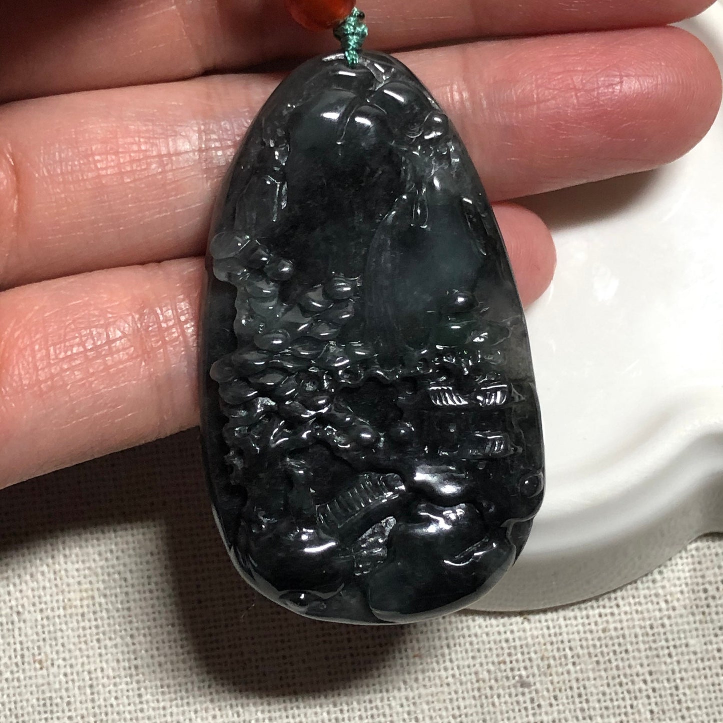 50.5 mm Grade A Jadeite Jade Carved Landscape Mountain Tree Pendant Keychain