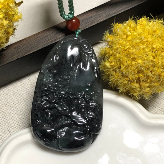 50.5 mm Grade A Jadeite Jade Carved Landscape Mountain Tree Pendant Keychain