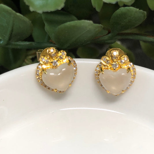 Grade A 3D Icy Glow Jadeite Jade Spade Heart 18K Yellow Gold Earring Diamonds