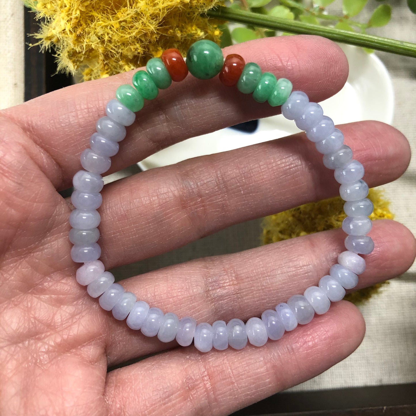 5.4 mm Grade A Icy Green Lavender Jadeite Jade Bead Bracelet 49 pcs.