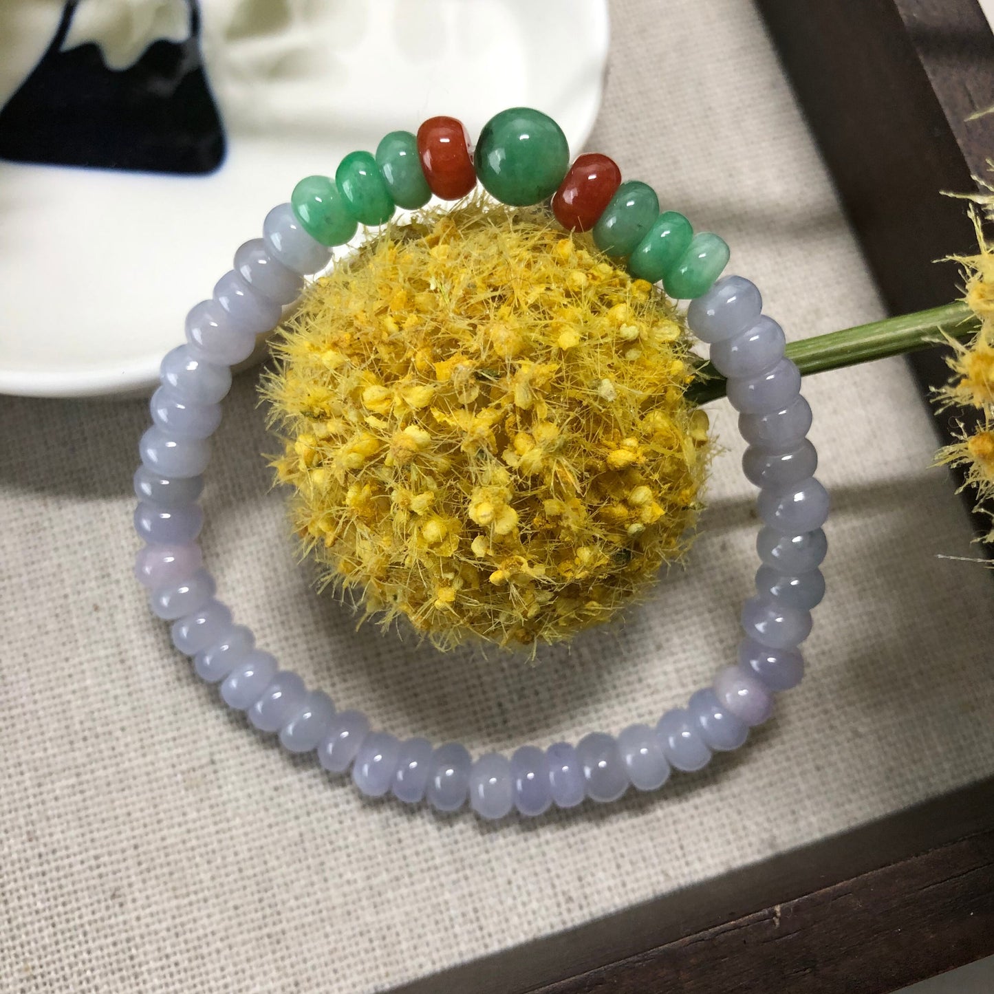 5.4 mm Grade A Icy Green Lavender Jadeite Jade Bead Bracelet 49 pcs.