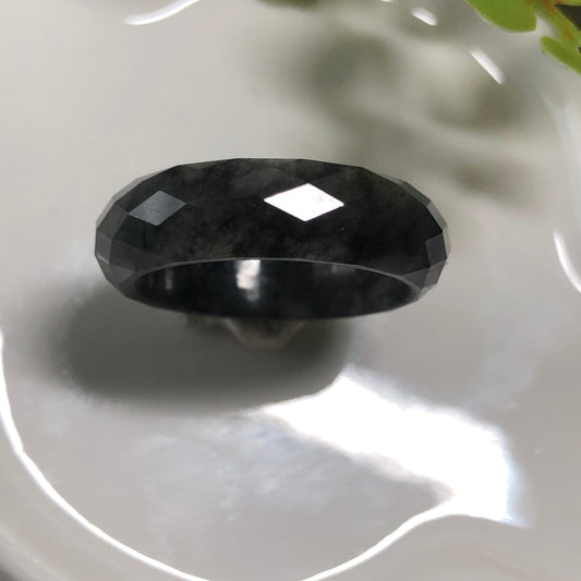 SALE: Jadeite Jade Icy Black Wuji Grey Diamond Cut Ring Band