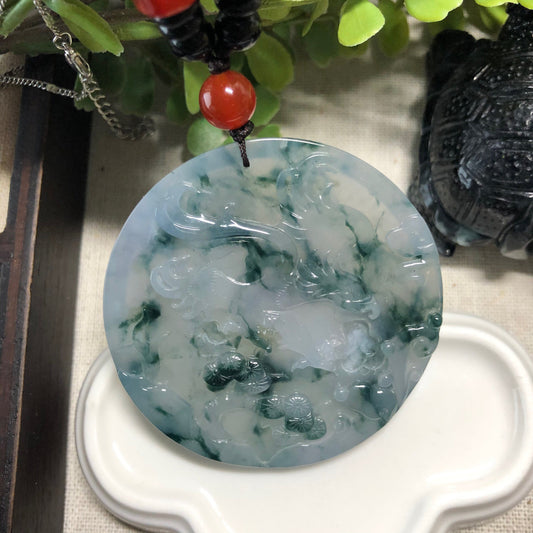 54.9 mm Grade A  Icy Glutinous Floating Green Flowers Carved Phoenix Eagle Mountain Landscape Jadeite Jade Plaque  Pendant with neck rope