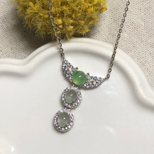 30mm GRADE A Mini Cabochon Angel Wing Drop Jadeite Jade Pendant Necklace 925K Silver