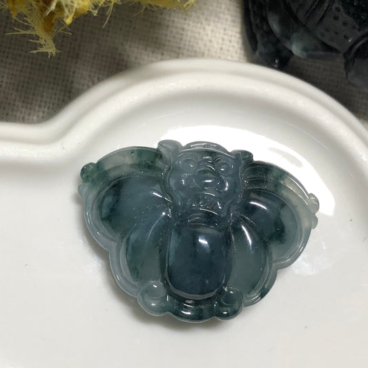 SALE: 28.5 mm Grade A  Icy Dark Green Wuji Carved Bat Jadeite Jade Pendant