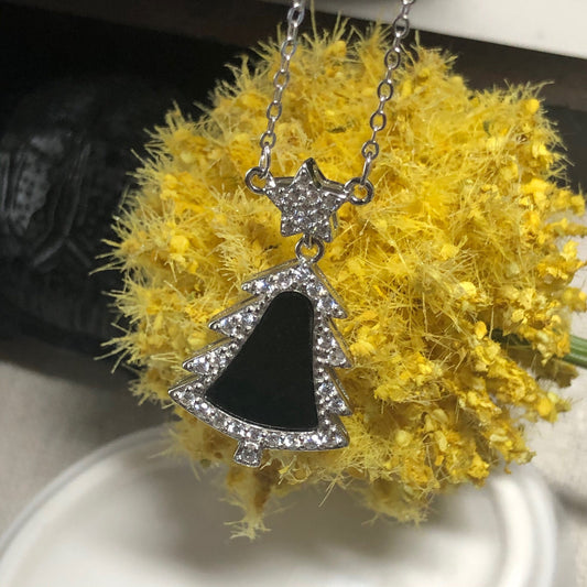 Myanmar Grade A Omphacite Black Jadeite Jade Tree Bell  Pendant 925 Sterling Silver Necklace