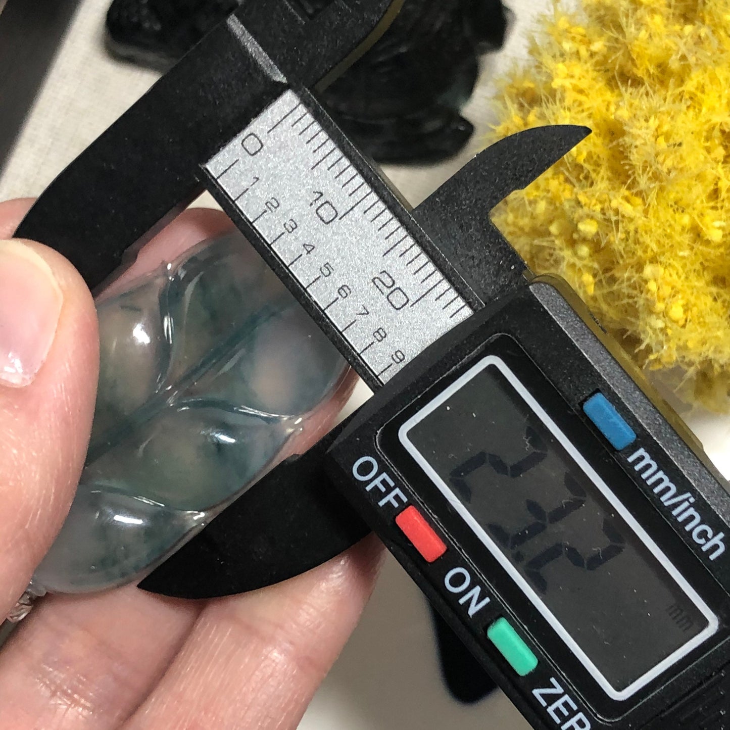 41.9 mm Myanmar Grade A Green Float Blue Flowers Leaf Jade 18K white gold bail