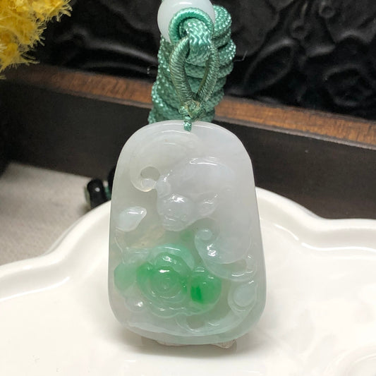 33mm Grade A  Yang Green Moss White Jade Jadeite Flower  Pendant W Rope Tie Necklace