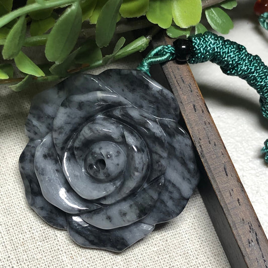 50.2mm Grade A  Wuji Black Moss White Jade Jadeite Carved Flower Pendant W Rope Tie Necklace