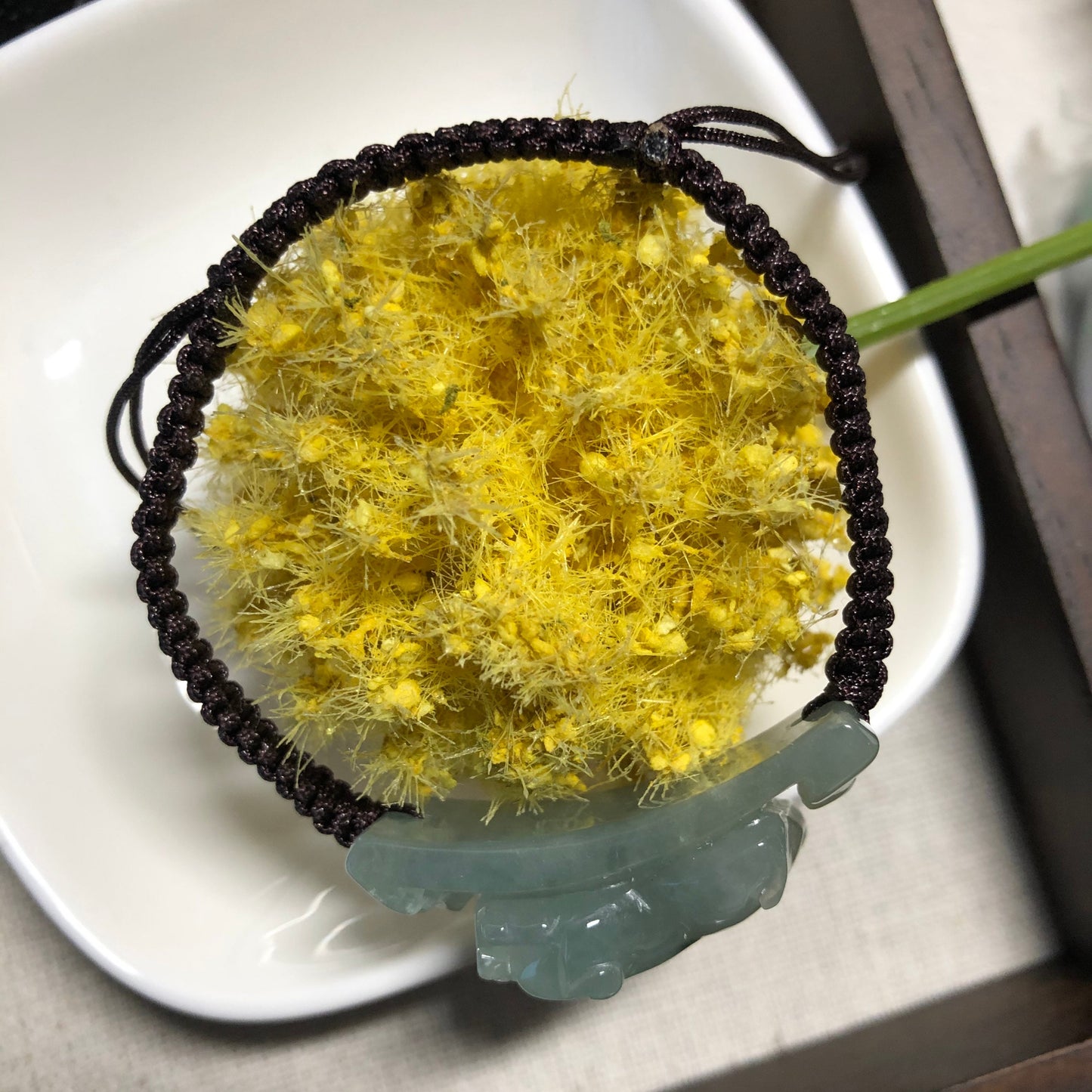 34.1 mm Grade A carved icy green pig Jade Jadeite Bracelet tie knot bracelet One Size