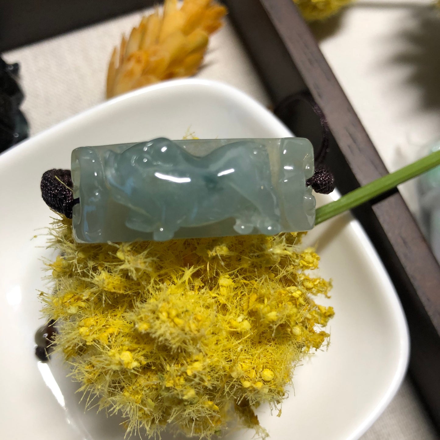 34.1 mm Grade A carved icy green pig Jade Jadeite Bracelet tie knot bracelet One Size