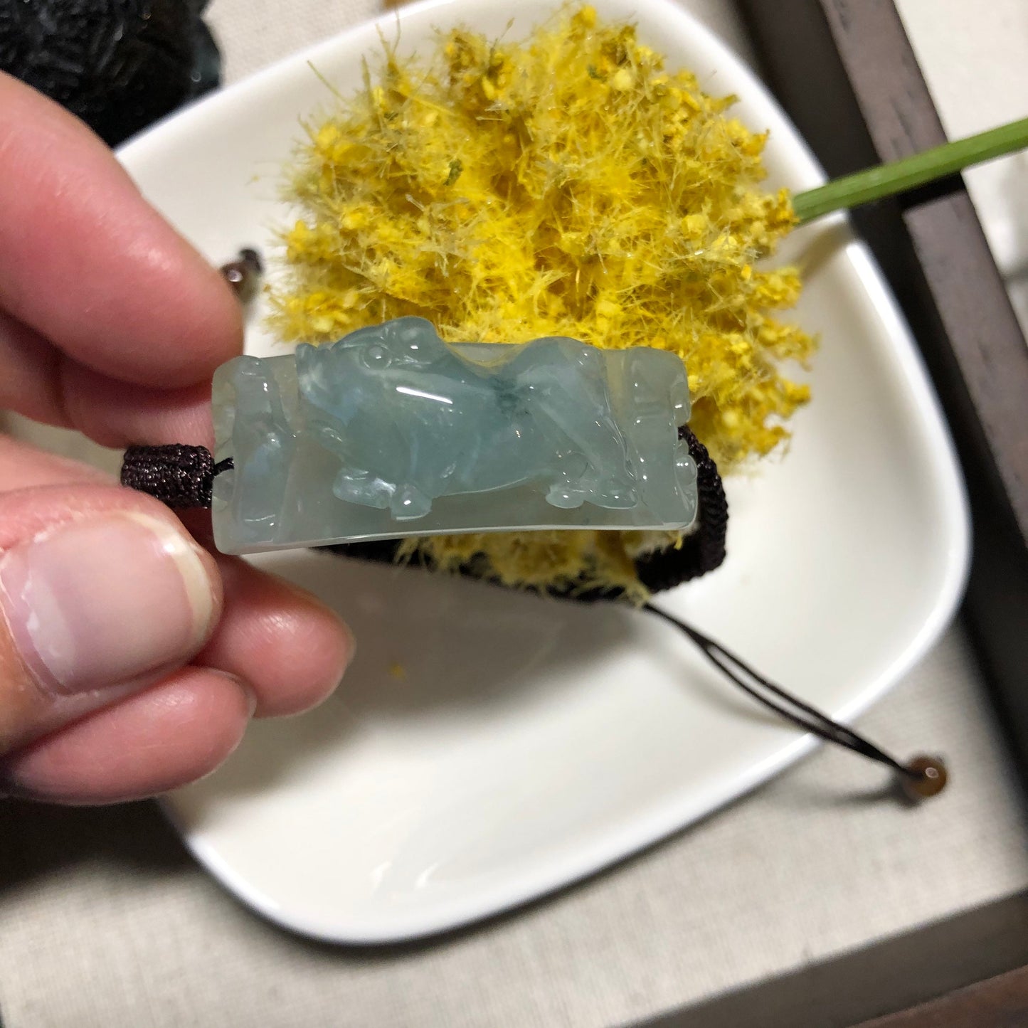 34.1 mm Grade A carved icy green pig Jade Jadeite Bracelet tie knot bracelet One Size