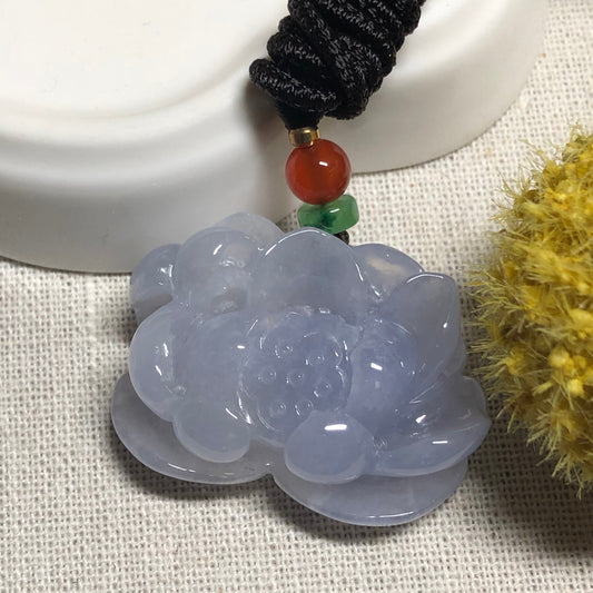 36.4mm Grade A  Icy Lavender Jade Jadeite Flower  Pendant W Rope Tie Necklace