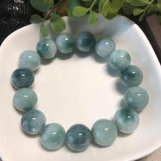 12.6 mm Grade A Myanmar Blue Green  Float Flowers Bead Jadeite Jade Bracelet 15pcs beads