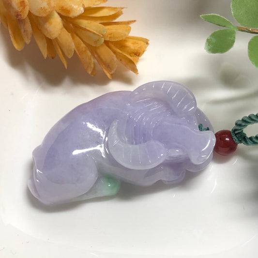 43mm Certified Grade A Jadeite Jade Carved Lavender Year of the Cow 2021 Keychain or Pendant Display Figurine