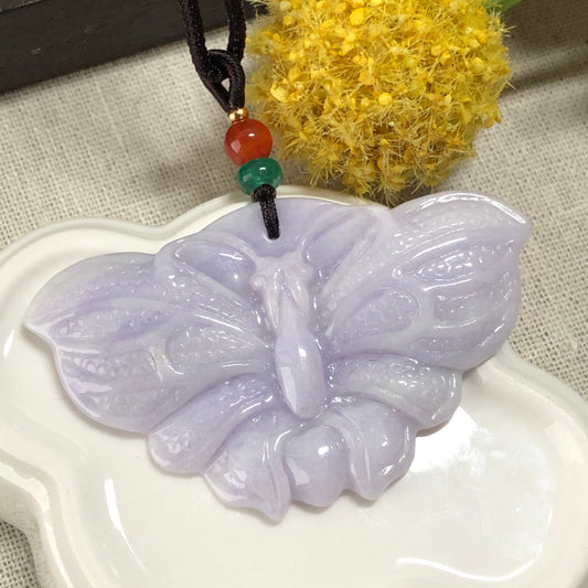 64.2 mm Grade A Big Lavender Jadeite Jade Carved Butterfly Pendant Neck Rope Tie