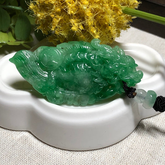 56 mm Certified Grade A Yang Green Carved Dragon Fish Pendant NEW
