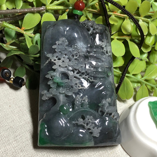 RESERVED: 72.6 mm Certified Grade A Wuji Black Carved Landscape mountain trees Pendant Display