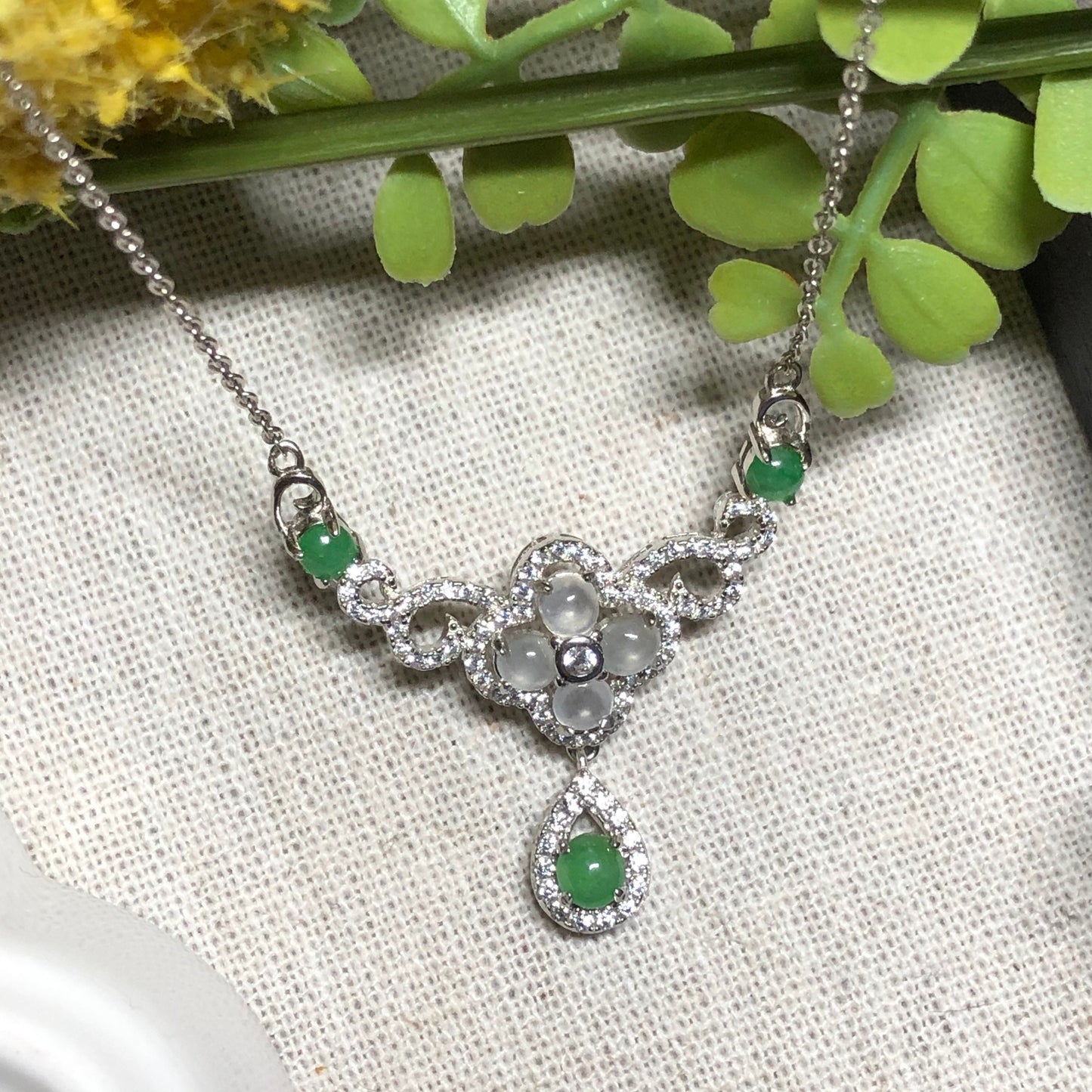 GRADE A Mini Cabochon Floral Drop Jadeite Jade Pendant 925K Silver