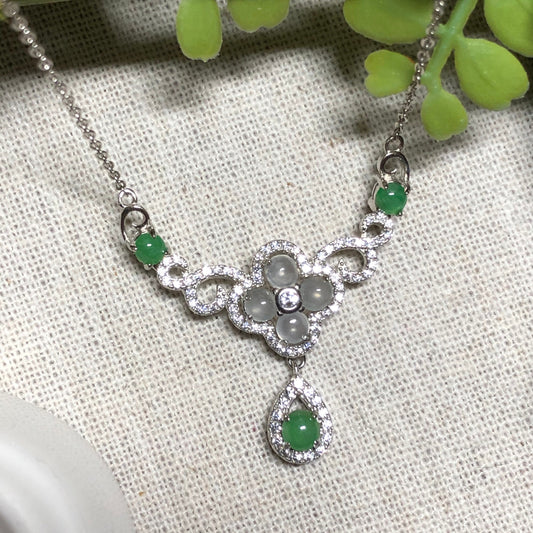 GRADE A Mini Cabochon Floral Drop Jadeite Jade Pendant 925K Silver