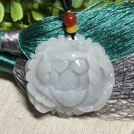 42.1 mm Certified Myanmar Grade A Icy Glutinous Carved Flower Pendant Medallion