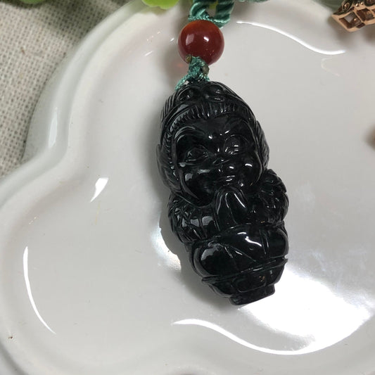 Praying Monkey King Grade A Black Wuji Jadeite Jade Pendant