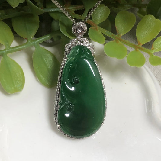 37mm Grade A Glutinous Imperial Green Ruyi Jadeite Jade Pendant 18K White Gold