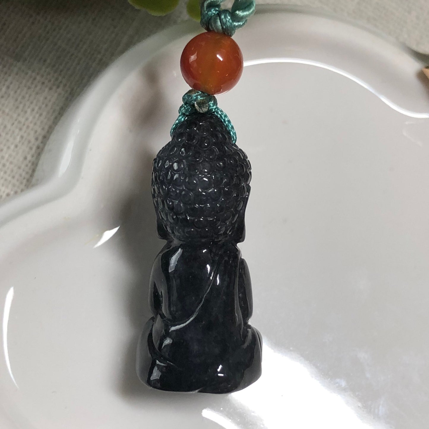 Carved Baby Buddha Grade A Wuji Black Jadeite Jade Pendant Display