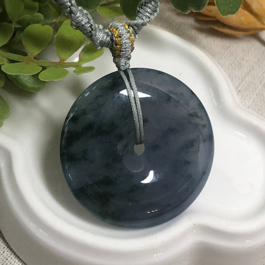 35.1 mm Grade A Icy Lavender Blue Floating Flowers Jadeite Jade Peace Donut Pendant