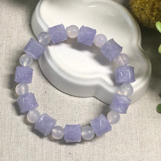RESERVED: 10 mm Grade A Carved Lavender Six Word Blessing Jadeite Jade Bracelet 11 pcs.