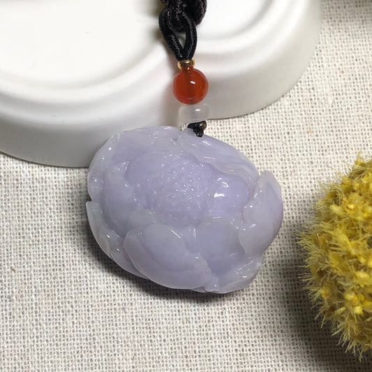 33mm Grade A  Yang Lavender Jade Jadeite Flower  Pendant W Rope Tie Necklace