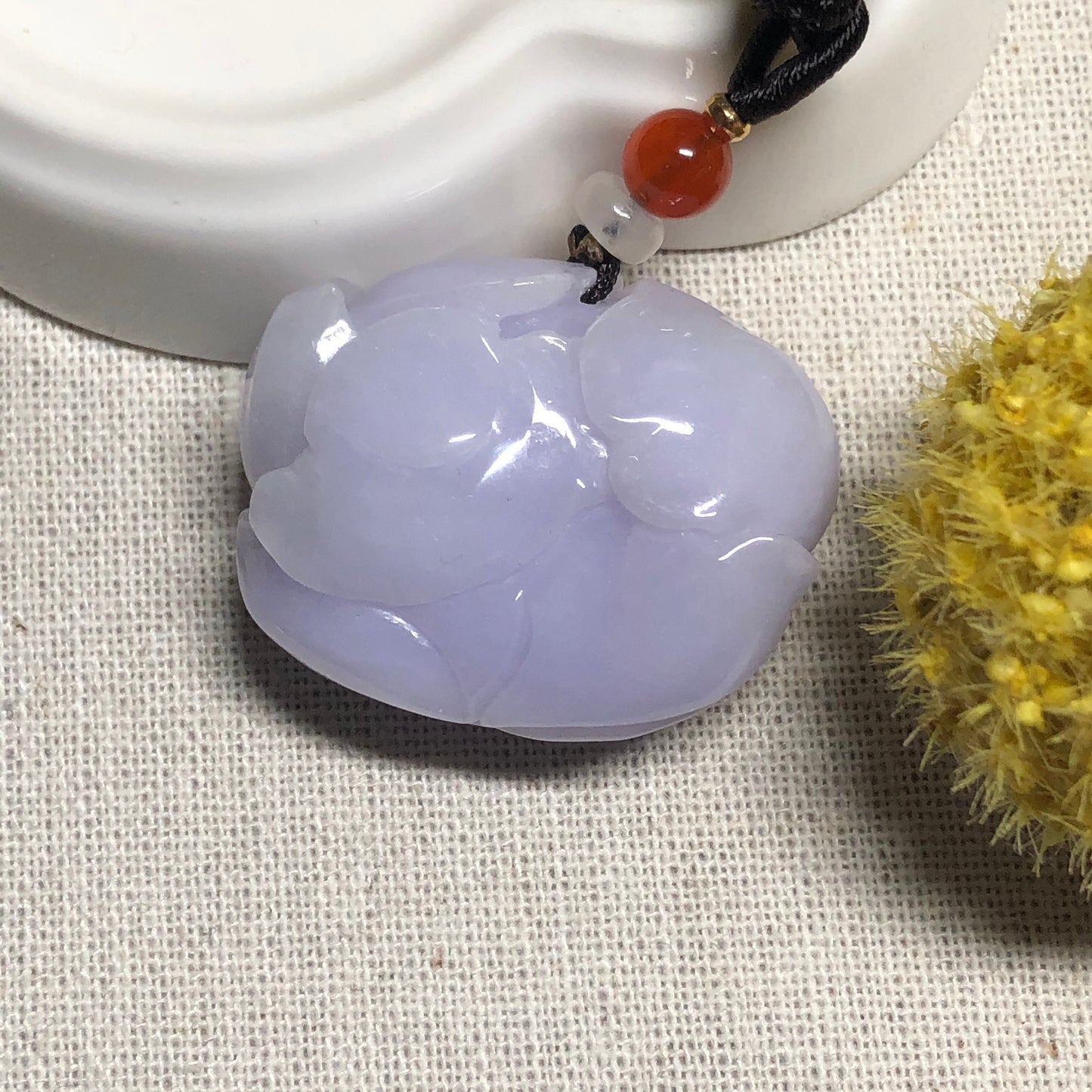 33mm Grade A  Yang Lavender Jade Jadeite Flower  Pendant W Rope Tie Necklace