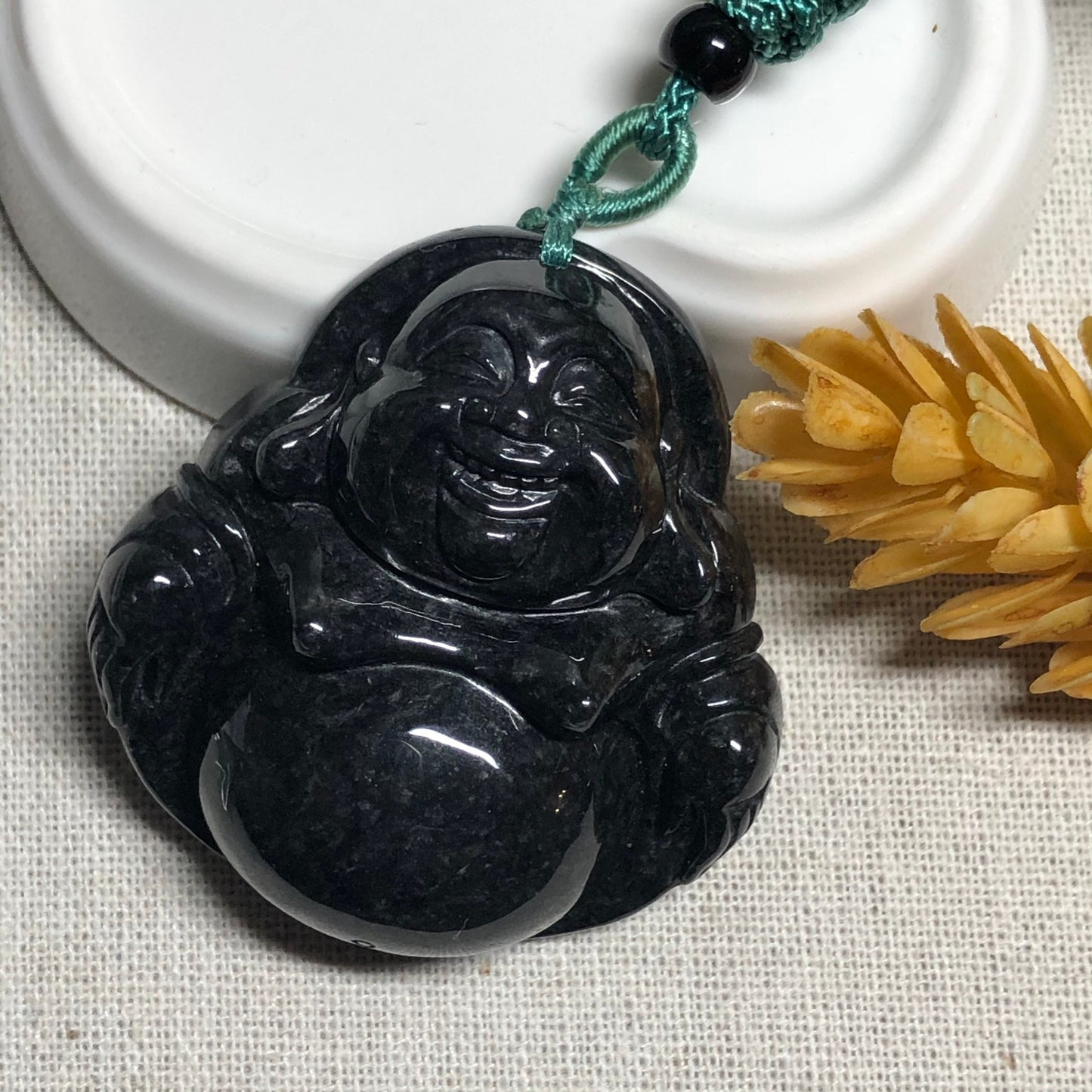 47.9mm Grade A  Big Wuji Black Jadeite Jade Carved Buddha Pendant W Rope Tie Necklace