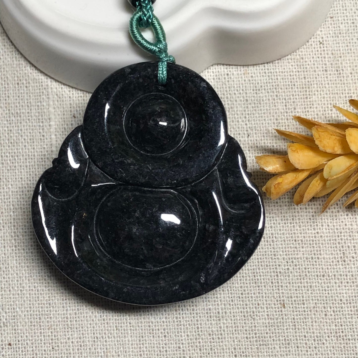 47.9mm Grade A  Big Wuji Black Jadeite Jade Carved Buddha Pendant W Rope Tie Necklace