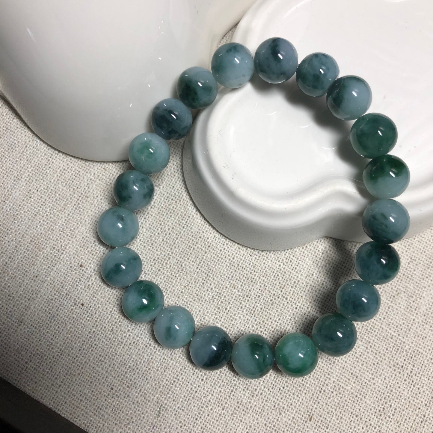 9.4 mm Grade A Blue Green Float Flowers Bead Jade Jadeite Bracelet 21 pcs