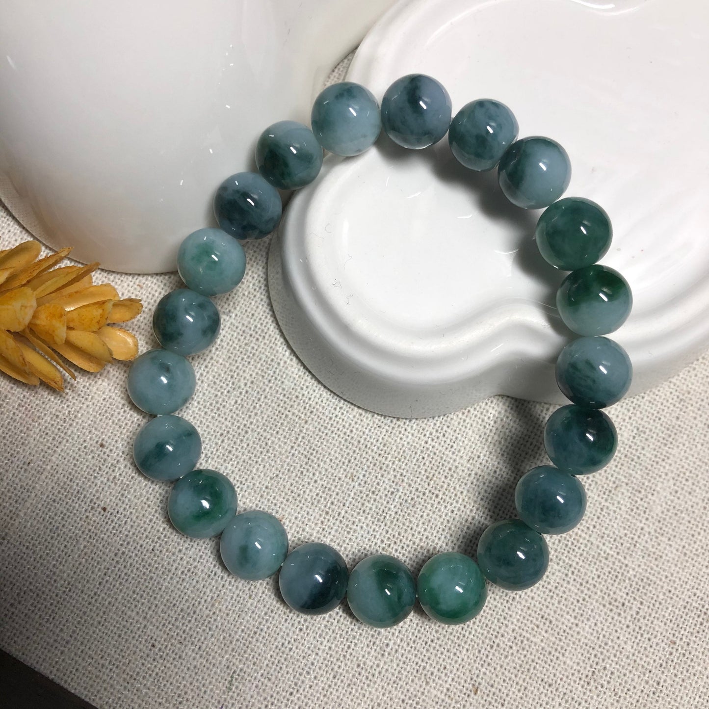 9.4 mm Grade A Blue Green Float Flowers Bead Jade Jadeite Bracelet 21 pcs