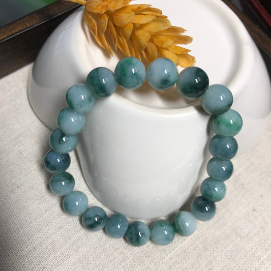 9.4 mm Grade A Blue Green Float Flowers Bead Jade Jadeite Bracelet 21 pcs