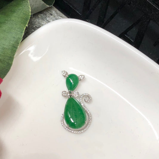 Certified Myanmar Grade A Imperial Green Cat Double Drop Pendant 18K white gold pendant