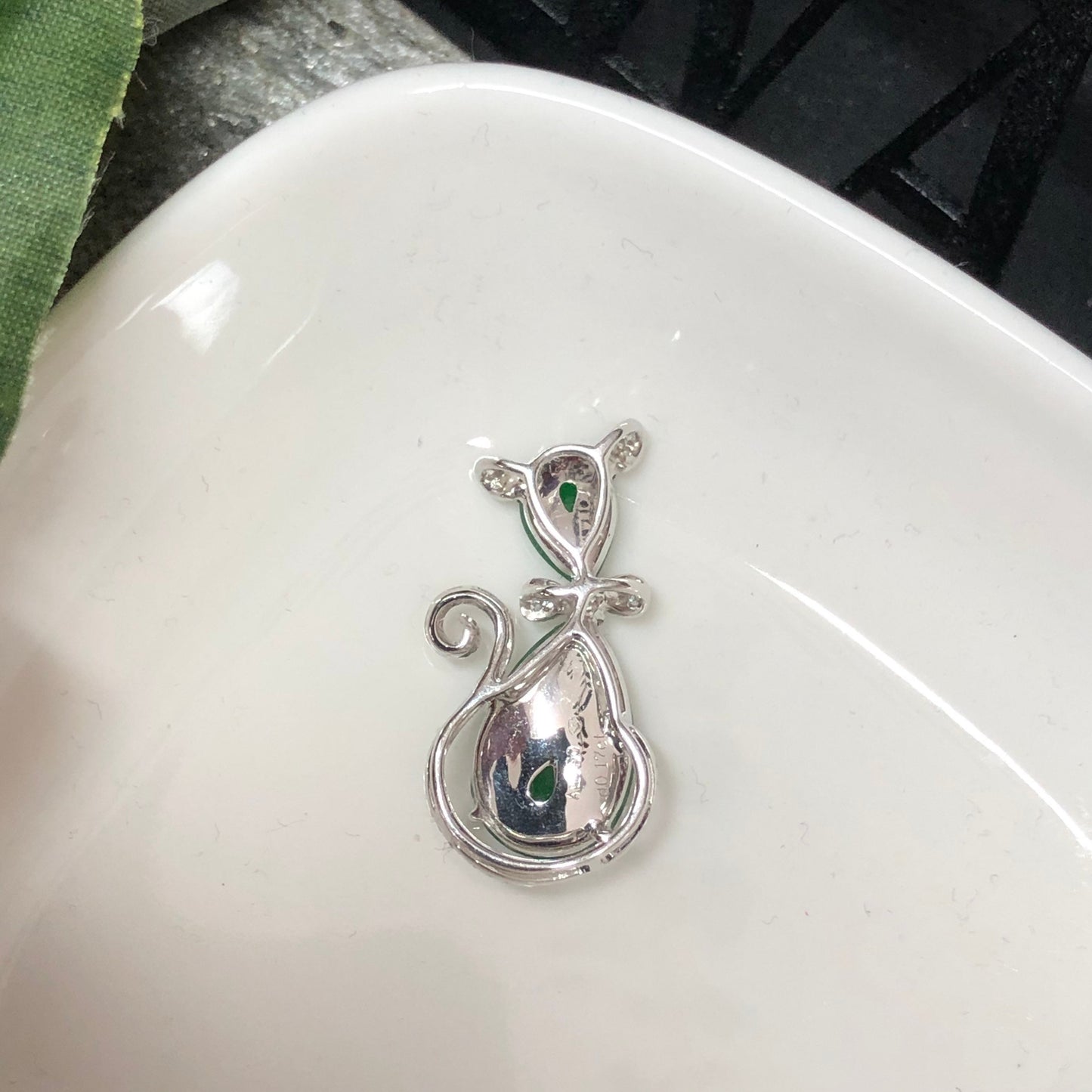 Certified Myanmar Grade A Imperial Green Cat Double Drop Pendant 18K white gold pendant