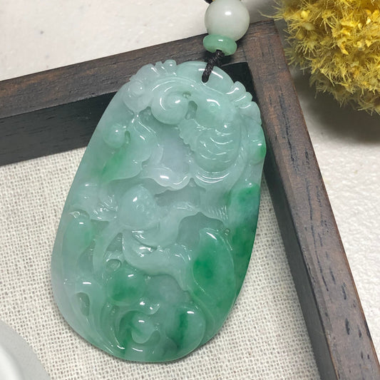 56.3 mm Myanmar Grade A Green Moss Carved Lotus Flower Fish Jade Jadeite Pendant
