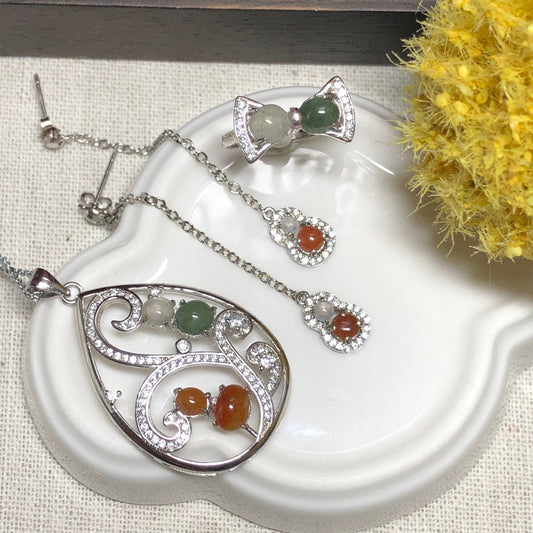 SALE Grade A Jadeite Jade Icy Assorted Cabochon Big Drop Pendant Dangle Earring Bow Ring Set on 925 Sterling Silver