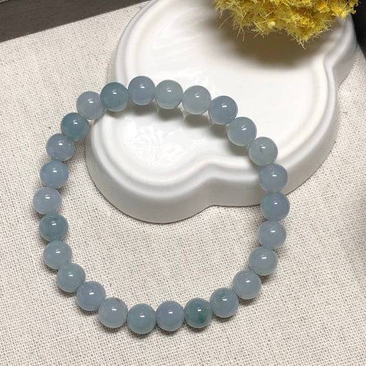 8 mm Grade A Icy Sky Blue Green Float Flowers Round Jadeite Jade Bead Bracelet 26 pcs.
