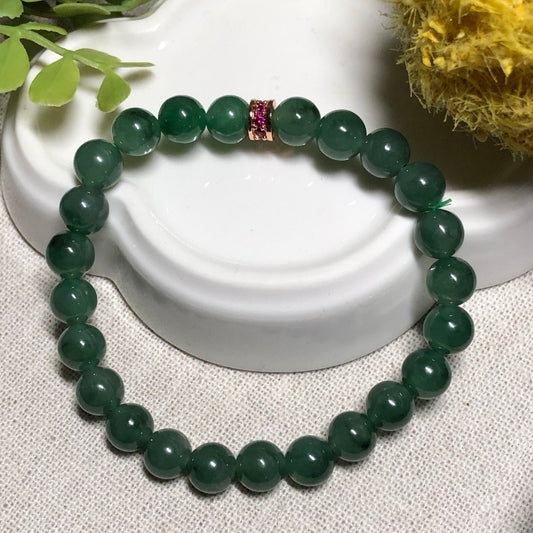 7mm Grade A Carved Icy Green Round Shaped Bead Jade Bracelet 24pcs